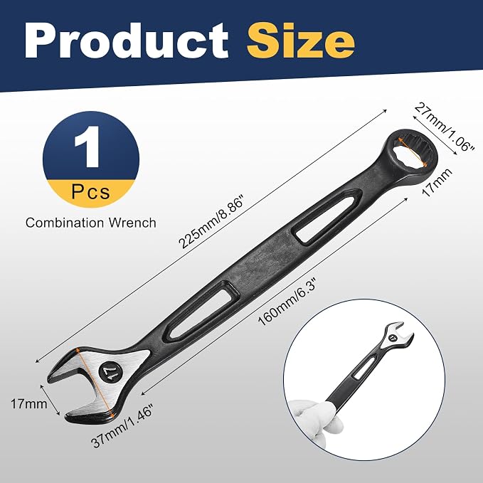HARFINGTON Combination Wrench 17mm Metric Extra Long 12-Point Box and Open End Carbon Steel Double Ended Industrial Grade Spanner for Automotive Furniture Machinery DIY Repair, Black
