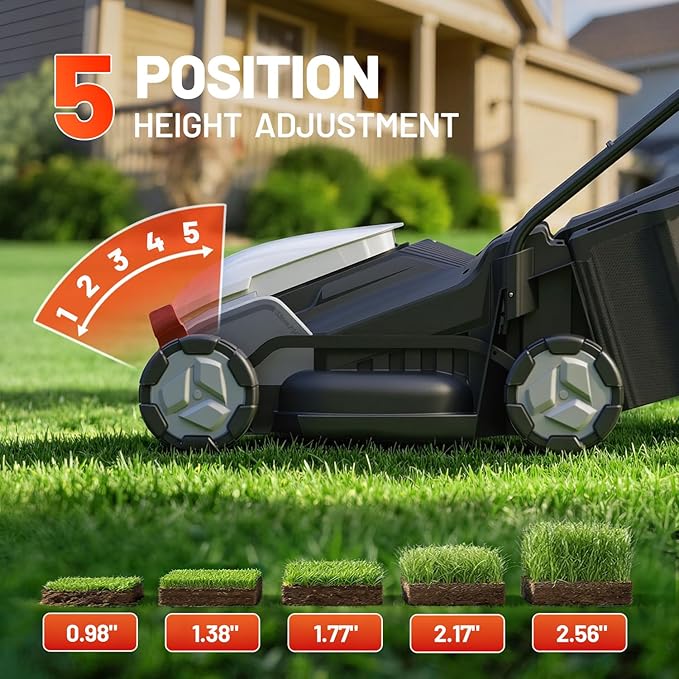 Litheli 14 Inch Cordless Lawn Mower, Brushless Battery Powered Push Mower with 5.0Ah Battery, 5-Position Height, 8-Gallon Bag, Lightweight Grass Cutter for Small to Mid-Sized Yards