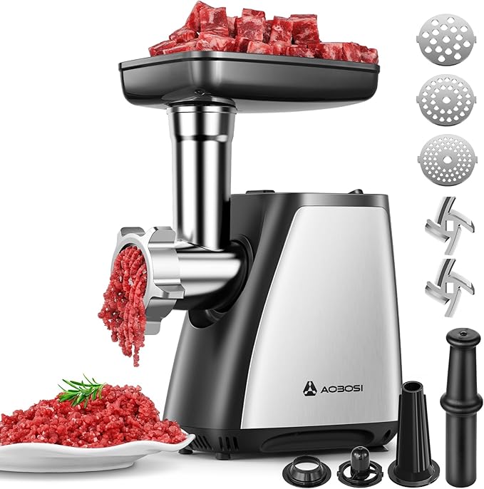 AAOBOSI Meat Grinder, 3-In-1 Meat Grinder Electric [2800W Max] with 2 Blades,3 Plates,Sausage Stuffer,Kubbe Kit for Home Kitchen Use, Stainless Steel