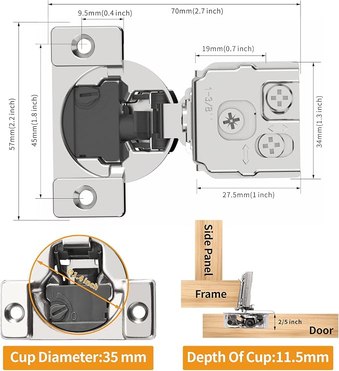Chibery 2 Pack 1-3/8" Overlay 4D Soft Close Concealed Hinges for Face Frame Door, Adjustable Closing Speed, Smooth Slow Self Close Hinges, Satin Nickel, 105° Open Angle Stainless Steel Cabinet Hinges