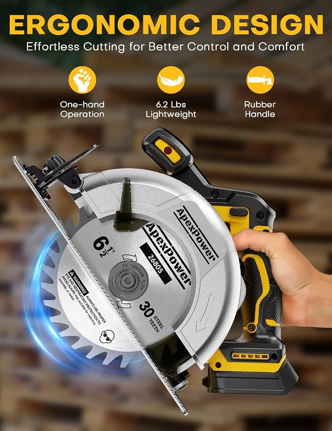 Brushless 6-1/2 Inch Circular Saw, for DeWalt 20V Max Battery, 8000 RPM, 6.2 Lbs, Cuts 2-1/5" at 90°, 0-90° Bevel, with Rip Guide & Hex Wrench for Wood