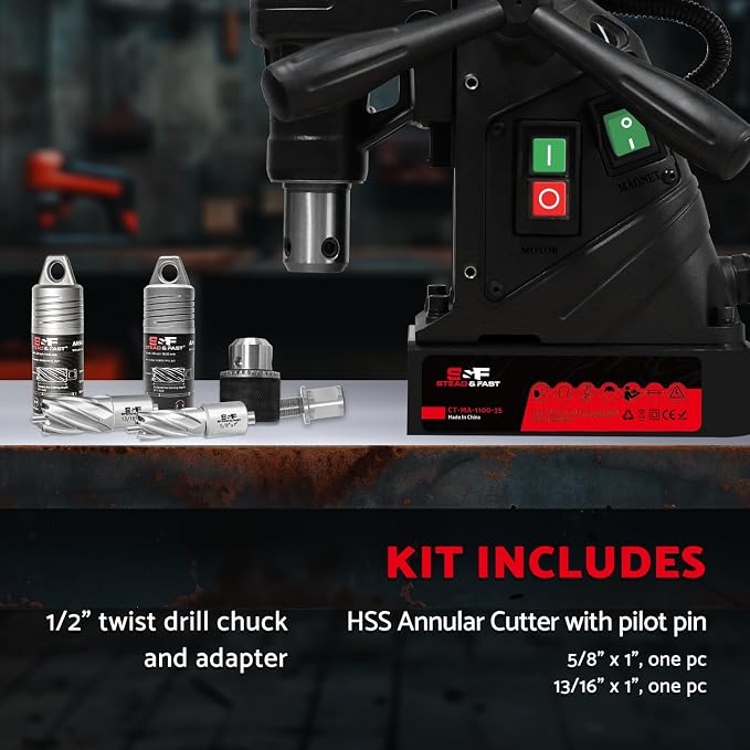 S&F STEAD & FAST Mag Drill Press Kit, 1100W Portable Magnetic Drill, 700 rpm No Load Speed, Max Depth of Cut 2", Max Boring Diameter 1-9/16", Carrying Case
