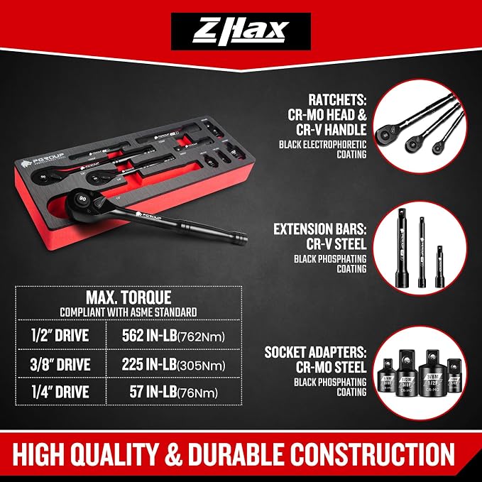 zhax 10-Piece Ratchet Set, 1/4”, 3/8”, 1/2” Drive 90-Tooth Ratchets & Accessories, Quick Release Reversible Ratchet Wrenches with Extension Bars & Socket Adapters for Repairing Home DIY