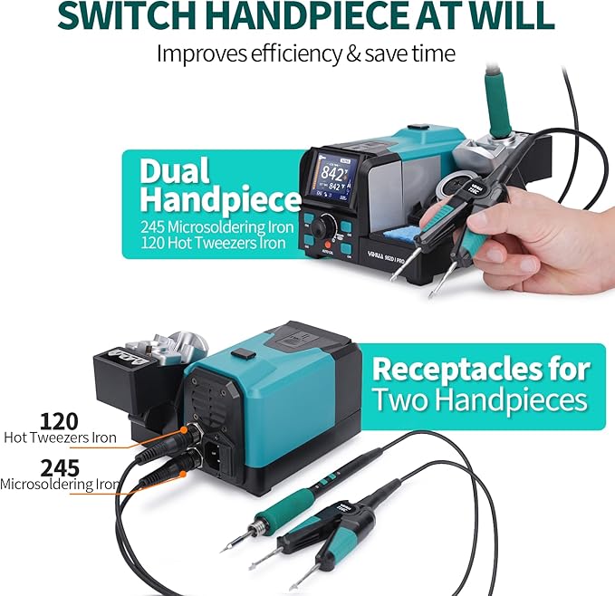 YIHUA 982D-I PRO 2 IN 1 Precision Microsoldering Iron Hot Tweezers Soldering Station with 10 Tip Cartridges, Individual Operating Interfaces, Dual Holder, Auto Temp Calibration, 4 Pre-set Channels
