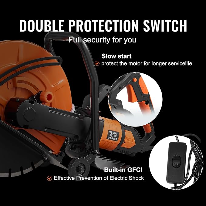 VEVOR Electric Concrete Saw, 16 in, 3200 W Motor Circular Saw Cutter | Max. 6 in Adjustable Cutting Depth, Wet Disk Cutter, Includes Water Line, Pump and Blade, For Stone, Brick