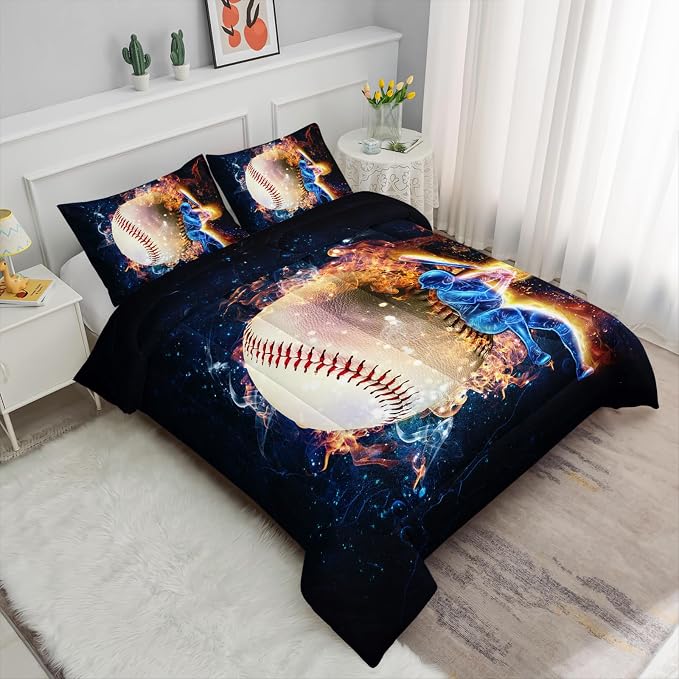 Axolotl 3D Baseball Comforter Set King,Sports Bedding,Red Blue Water Fire Comforter Set,Sports Baseball Loveer Bedding,Ball Sport Game Quilt for Kids Boys Teens Adults,1 Quilt 2 Pillowcases