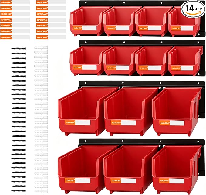 14pc Wall-Mounted Storage Organizer Mixed V1 V2 Combo Red | Heavy duty metal rails multi-size bins combo pack for garage tools, screws, hardware & batteries.