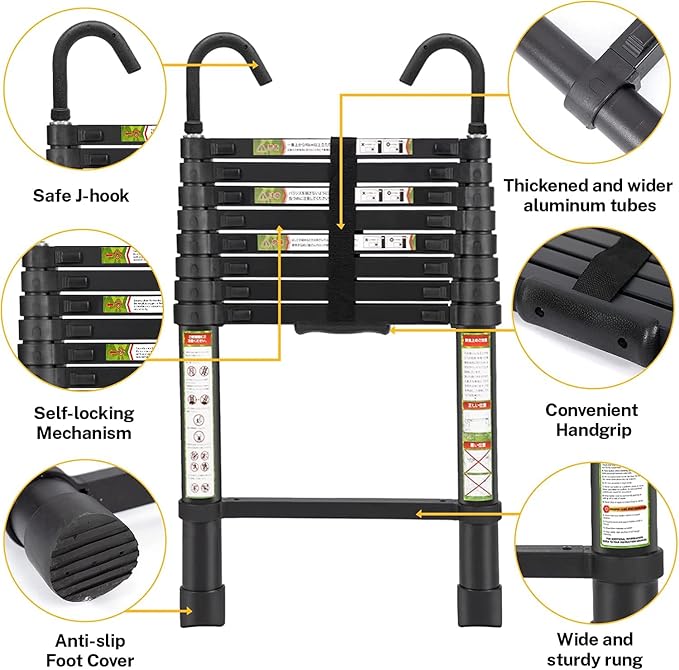 RIKADE Telescopic Ladder, 6.5 ft Aluminum Telescoping Ladder with Non-Slip Feet and Stable Hook, Portable Extension Ladder for Household and Outdoor Working, Max Load 330 lb, Black
