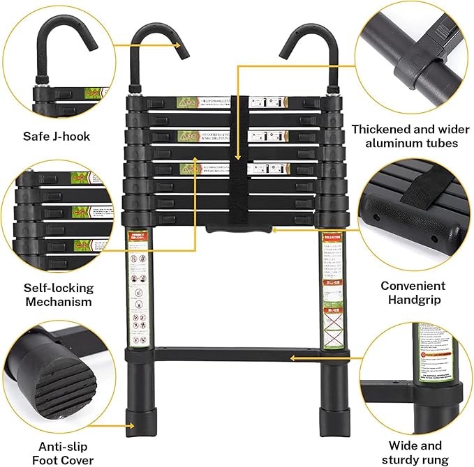 RIKADE Telescopic Ladder, 10.5 ft Aluminum Telescoping Ladder with Non-Slip Feet and Stable Hook, Portable Extension Ladder for Household and Outdoor Working, Max Load 330 lb, Black