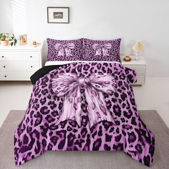 Feelyou Leopard Print Kids Comforter Set King Size Purple Cheetah Print Bedding Set Bowknot Duvet Quilt for Kids Boys Girls Bedroom Decor Microfiber Ultra Soft Breathable