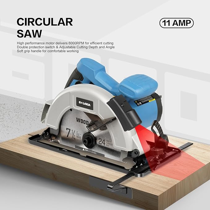 11A Corded Circular Saw with Laser Guide, 6000RPM Electric Circular Saw, 7-1/4" Blade, Max Cutting Depth 2-1/2" (90°) and 1-7/8" (45°), Carpentry Tool for Woodworking Plastic Precision Cutting