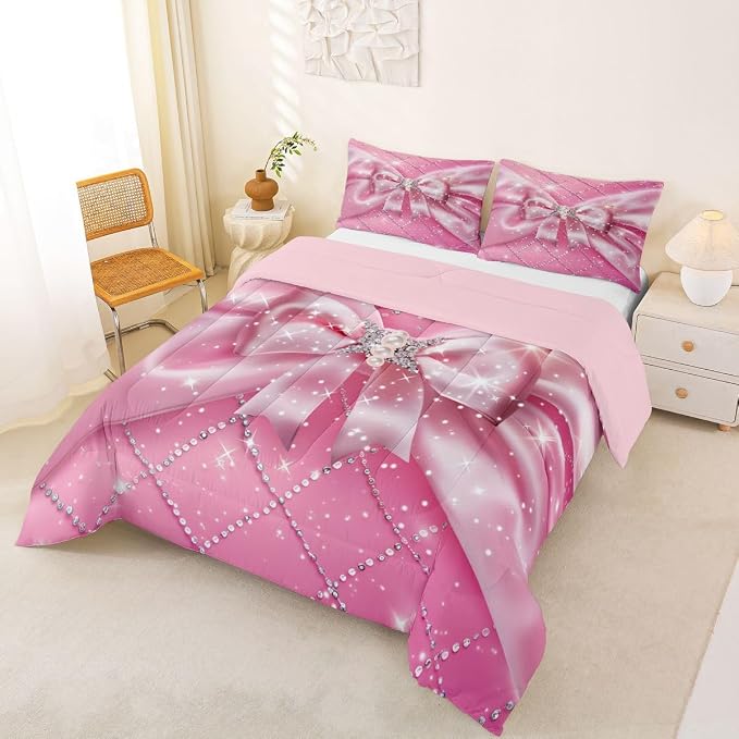 Feelyou Pink Bowknot Comforter Set All Season Ribbon Glitter Bow Bedding Set with 2 Pillow Cases Dreamy Princess Microfiber Kids King Bedclothes Bedroom Decor Duvet Quilt Breathable Soft Lightweight