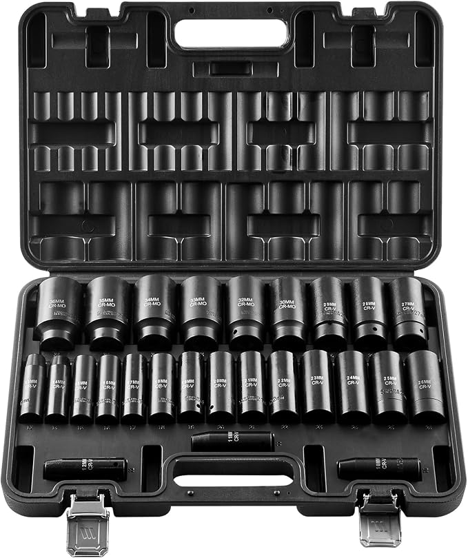 VEVOR Impact Socket Set, 26pcs x 1/2inch Metric 10mm-36mm Impact Sockets, 6-Point Deep Socket Rugged Construction High-torque, Cr-V 1/2 Inches Drive Socket Set Impact with a Storage Cage