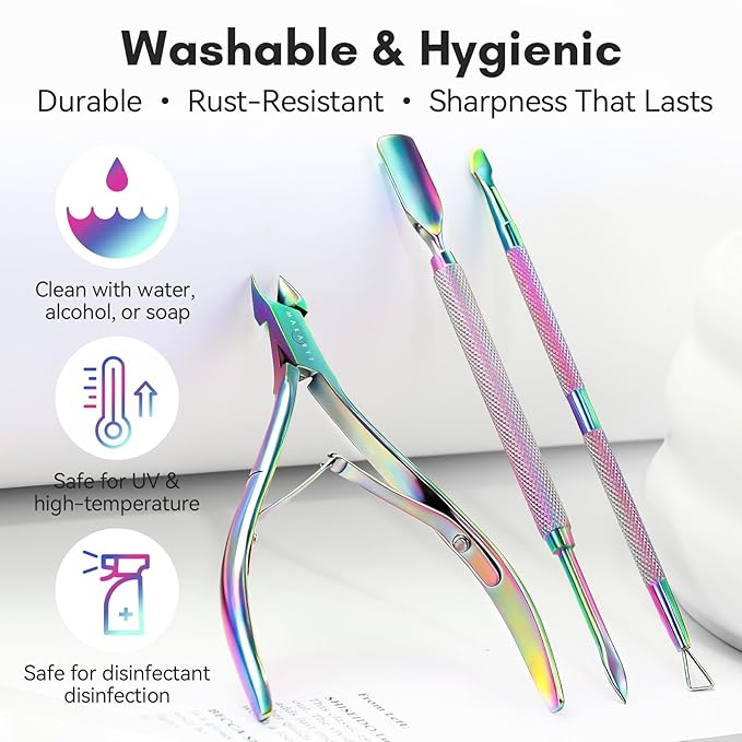 Makartt Cuticle Trimmer with Cuticle Pushers: Cuticle Nipper Professional Manicure Pedicure Set, Stainless Steel Cuticle Remover Kit with Dual End Nail Pusher & Scraper (Rainbow Titanium, 3 PCS)