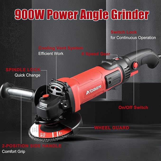 AOBEN 1200W Angle Grinder 4-1/2 inch | 10Amp, 11000 RPM, 6-Speed Corded Power Electric Cut off Tool with Switch Lock | for Heavy Duty Work & Metal Cutting, Grinding & Polishing