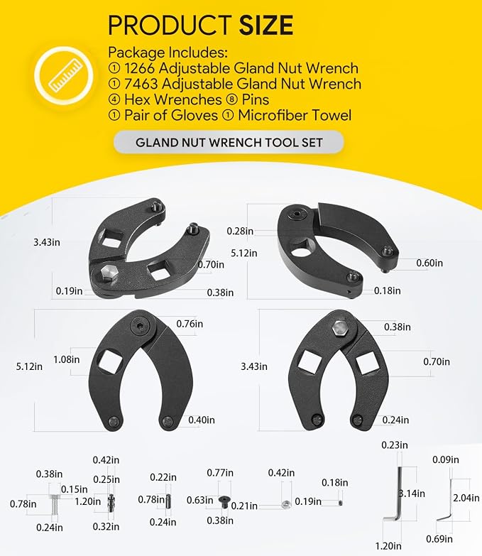 Gland Nut Wrench - Set of 2 Hydraulic Cylinder Spanner Wrench Adjustable - Spanner Wrench Set Includes Gloves, Microfiber Towel, Pins & Allen Wrenches, Suitable for Farm & Construction Equipment