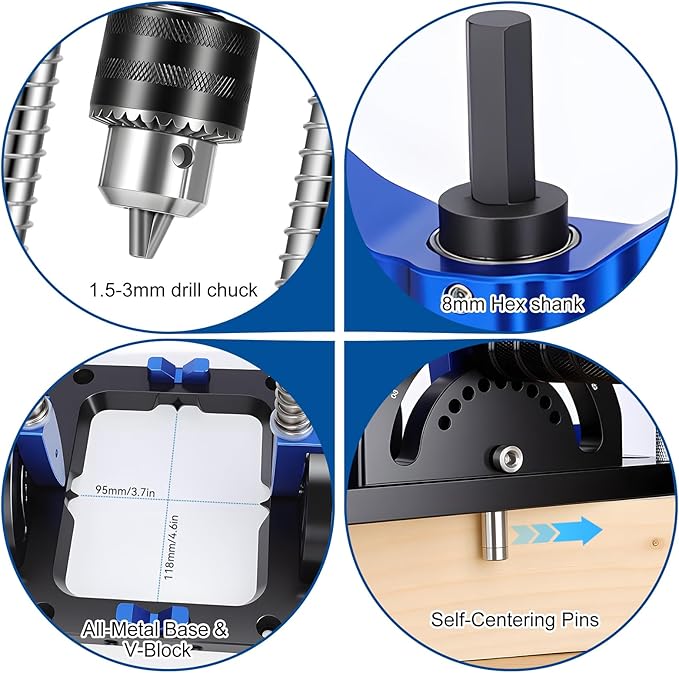 Upgraded Portable Drill Guide, Adjustable 0°to 60°Multi Angle Drill Guide for Straight Holes, Drill Press Adapter for Hand Drill, with 1/2" Chuck, Key, Guide Rod Precision Drilling Jig,Heavy-Duty