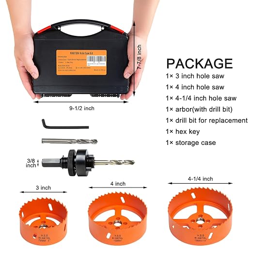 Bi-Metal Hole Saw Kit for Wood Metal and Plastic, 3PCS Hole Saw Set with Case, Fast Chip Removal, Smooth Flat Drilling Edge, Lightweight & Portable (Orange)