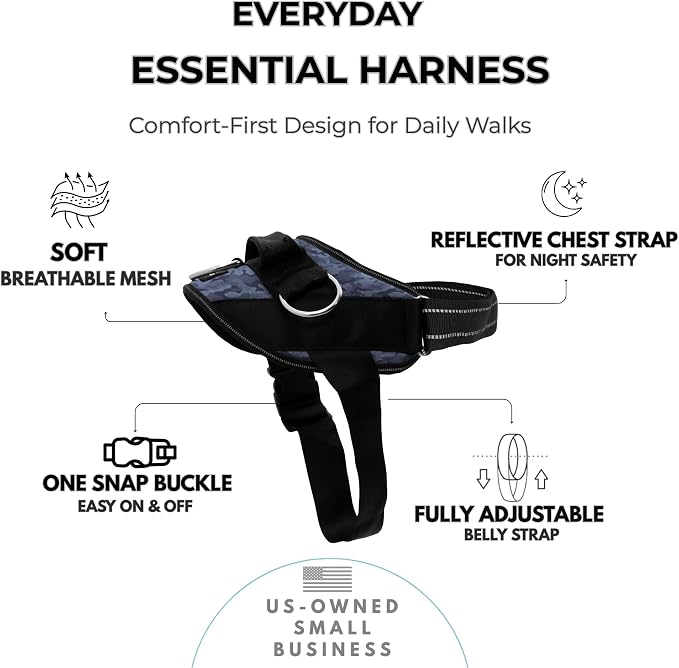ShawnCo Essential Dog Harness, No-Pull Pet Vest (Dark Camo,S) | 3 Leash Clips, Easy On, No-Choke, Reflective, Adjustable Fit, Padded Comfort, Control Handle, For Small, Medium & Large Dogs