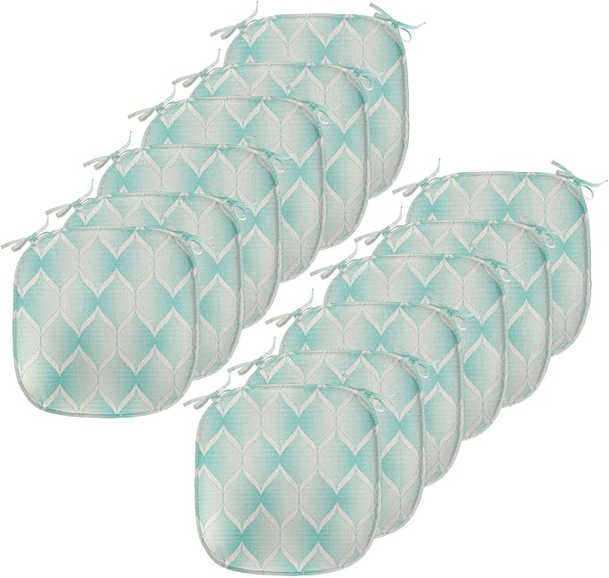 Lunarable Aquamarine Chair Seating Cushion Set of 12, Retro Nostalgic Pattern with Geometry Inspired Motif and Dotted Lines, Anti-Slip Seat Padding for Kitchen & Patio, 16"x16", Turquoise Eggshell