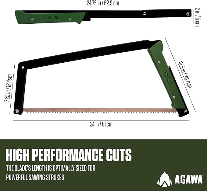 AGAWA - BOREAL24-24 Inch Folding Saw with All-Purpose Saw Blade - Camping Gear For Hiking, Fishing, Hunting, Bushcraft & Survival Kit (Black Frame/Green Handle)