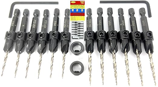 FTG USA Countersink Drill Bit Set 6 Pc #4 (7/64"), 6 Pc #6 (9/64") Tapered Countersink Bit, Stop Collar, Hex Wrench, Woodworking Countersink Drill Bits
