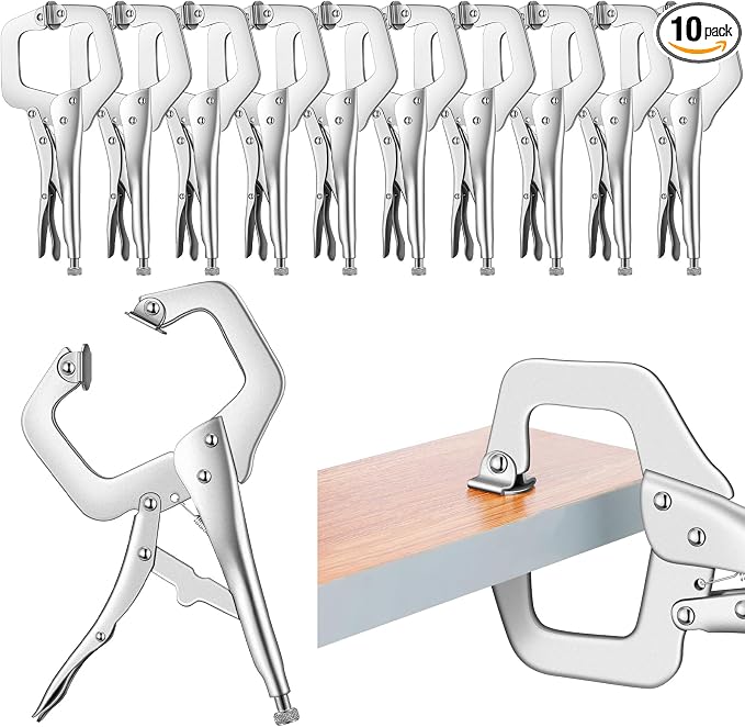 Yexiya 10 Pcs Locking C Clamp, Locking Pliers Adjustable Welding Clamp with Regular Tip and Swivel Pad for Shop Home Farm and Auto Workshop Woodworking, Cabinetry, Repair (6 Inch)