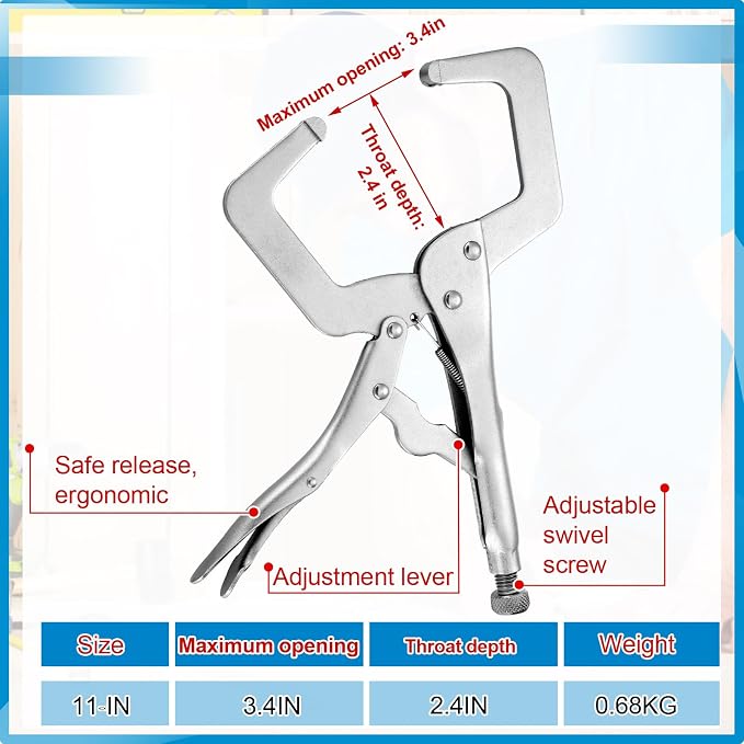 Yexiya 6 Pcs 11 Inch Locking C Clamp Original Lock Regular Tips Plain Adjustable Alloy Steel Locking C Clamp for Woodworking Carpentry Welding Electrical Equipment, Silver