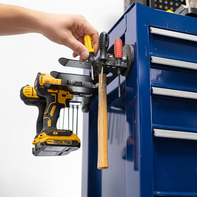 VIVO Magnetic Power Tool Organizer, Utility Storage Rack Shelf with 9 Screwdriver Holders, Wall Mount Heavy-Duty 4 Cordless Drill Holder, Removable Tool Rack for Garage, Workshop, Black, MOUNT-MAGPT1