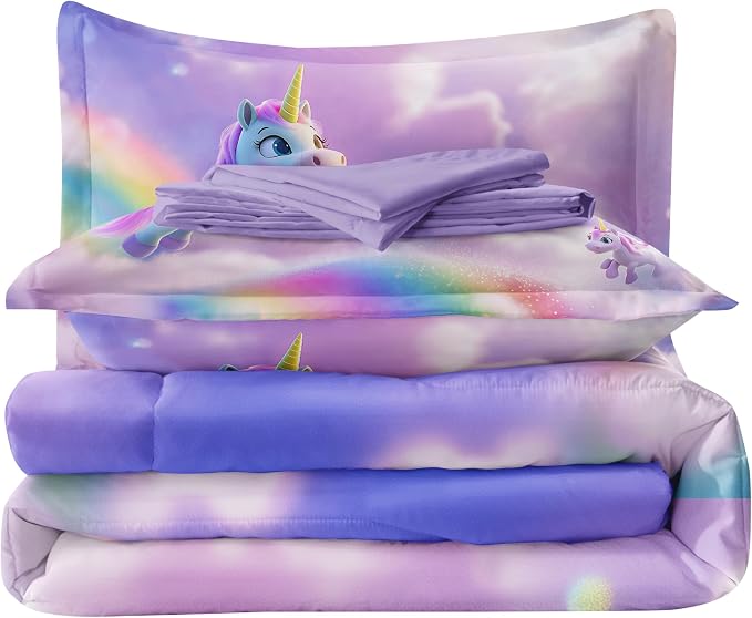 5PCS Unicorn Comforter Sets - Full, Rainbow & Pink Cute Bedding Sets for Girls - Kawaii Comforter Set with Sheets
