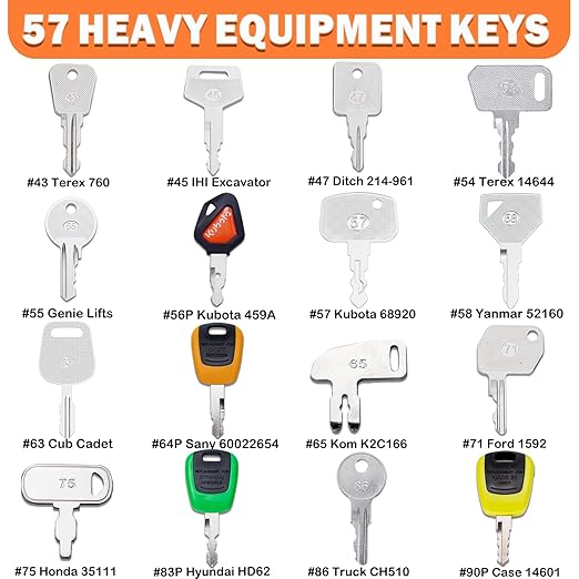 57PCS Heavy Equipment Keys Master Set, Construction Equipment Keys for Cat Caterpillar John Deere Komatsu Volvo Bobcat Kubota JCB Case New Holland Hitachi Hyster Yanmar Takeuchi Contractor Machinery