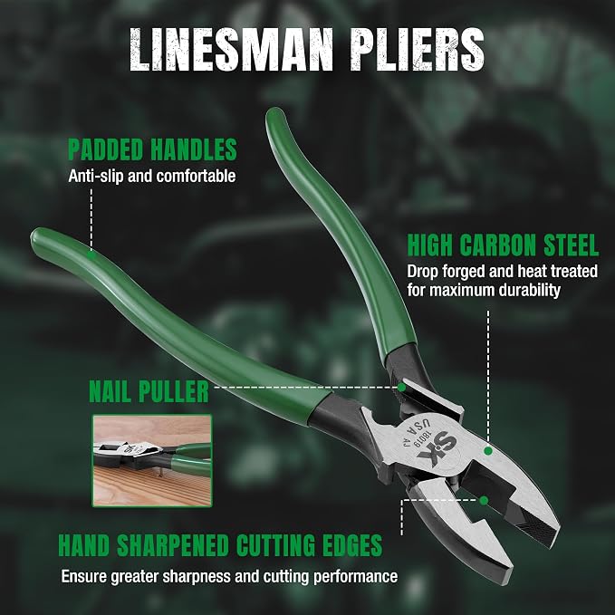 SK Tools USA Linesman Side Cutting Pliers with Crimping Die and Fish Tape Puller, 9" Long, 18019
