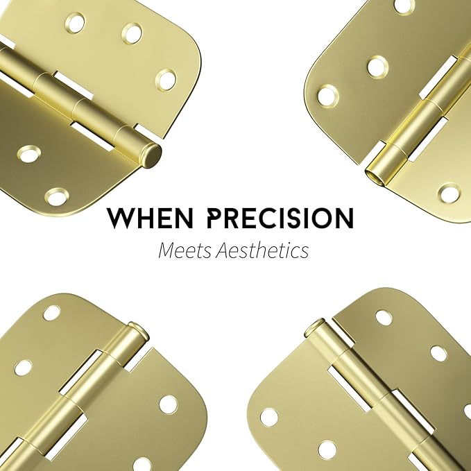 goldenwarm 3 Pack Satin Brass Residential Heavy Duty Iron Door Hinges, 4 Inch x 4 Inch Interior and Exterior Gold Door Hinges with 5/8" Radius Corners