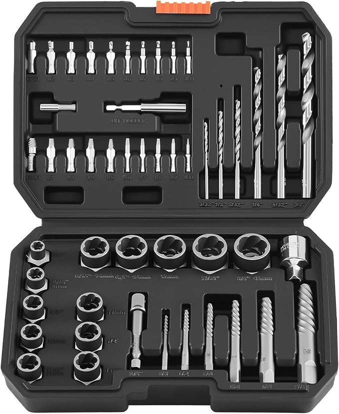 VEVOR 49-Piece Bolt Extractor Kit and Easy Out Screw Extractor Set, Lug Nut Removal Tool with Drill Bit Set for Removing Damaged, Frozen, Broken, Rusted, Rounded-Off Bolts, Nuts & Screws, Adapters