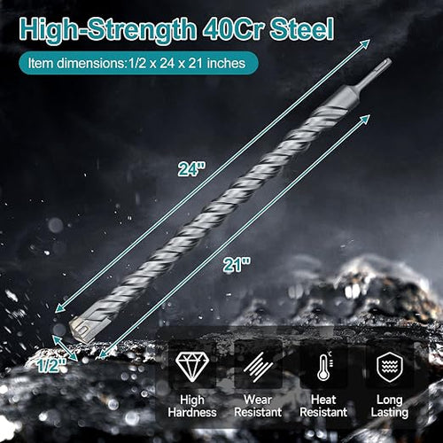 1/2 Inch x 24 Inch SDS Plus Rotary Hammer Drill Bit, Cross Tip Double Threaded Carbide Tipped for Concrete, Brick, and Stone (1/2" x 8.5" x 24")