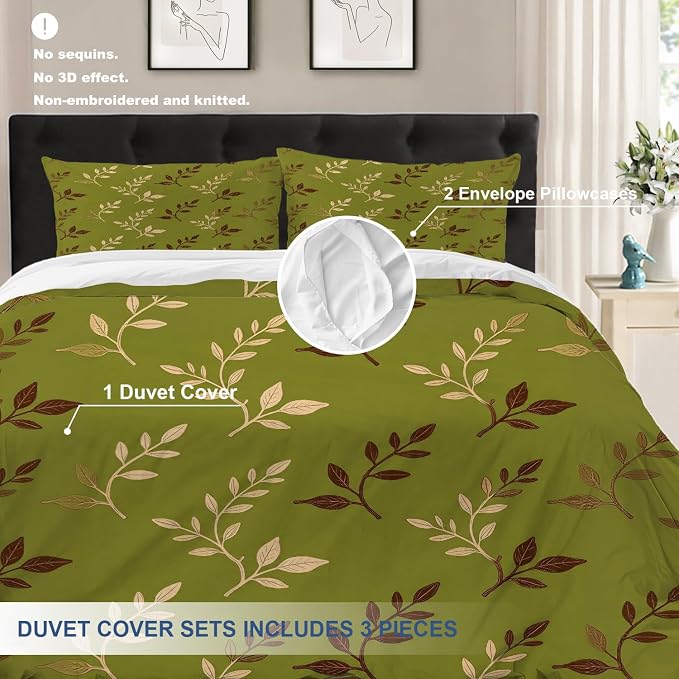 Batmerry Green Brown Leaves King Size 100% Cotton Duvet Cover Sets, Art Plant Illustration Bedding Set with Zipper Closure Corner Ties, 3 Pieces (1 Cover + 2 Pillowcases No Comforter)