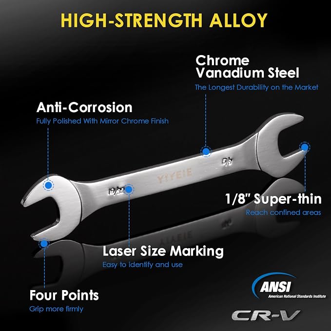 YIYEIE 9Pcs Super-Thin Wrench Set, 3mm Ultra-Slim Open End Wrench Set | SAE 1/4" to 1-1/16", Flat Wrenches for Tight Space, 3mm Thickness, Low-Profile, CR-V Steel, with Mirror Finish