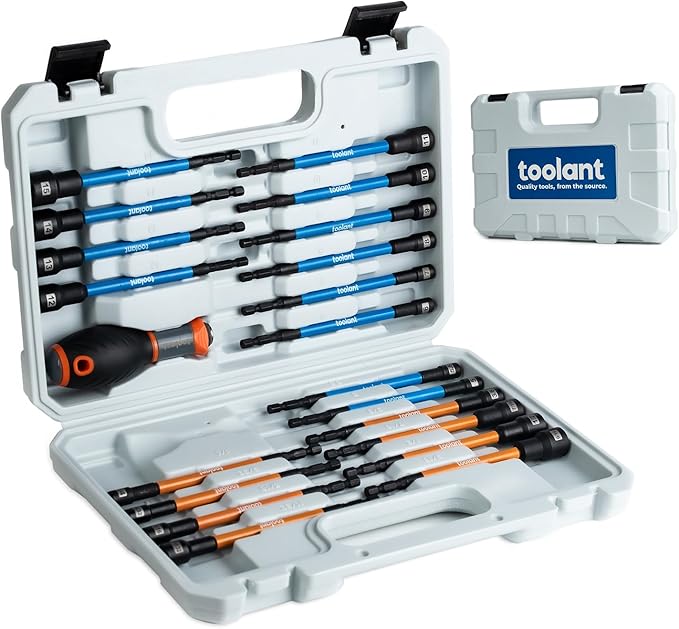 toolant 21pcs Extra Long Nut Driver Bit Set, SAE/Metric Magnetic Nut Driver Set with Replacement Handle