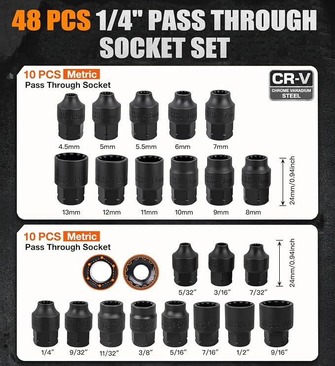 48 Piece 1/4-Inch Socket Set, SAE & Metric Multi-purpose sockets | 12-tooth perforating sleeve, 2-in-1 Ratchet (72-Tooth)