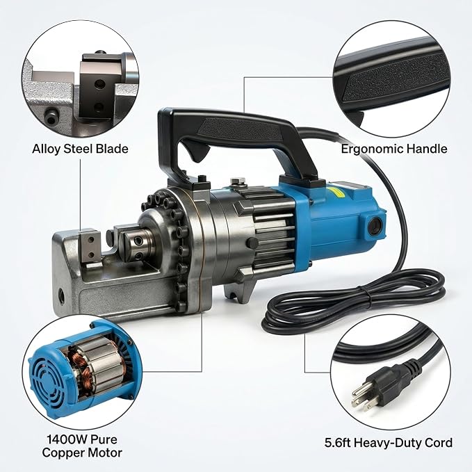 7/8" Electric Hydraulic Rebar Cutters 1400W Portable Rebar Cutter 110V/60Hz Fast Cutting 4-22mm #3– #7 in 1.5-2.5s for Construction with Stainless Steel Carry Case RC-22