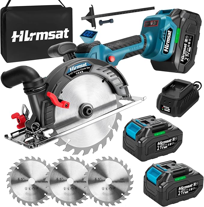 6-1/2" Cordless Circular Saw,21V Brushless Hand Circle Saw with 2 x 6.0Ah Battery & 3 Blade,5500 RPM Sierra Circular electrica 0-45° Cutting Bevel,Max Cutting Depth 2-1/4"(90°),1-7/16" (45°)