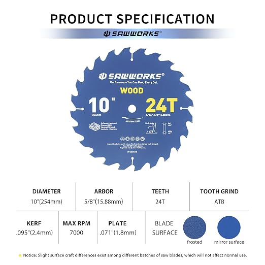 SawWorks 10" 24T ATB Carbide Circular Saw Blade, Ripping & Framing for Table Saw, for Pro Woodworkers & Shop Owners, 5/8" Arbor