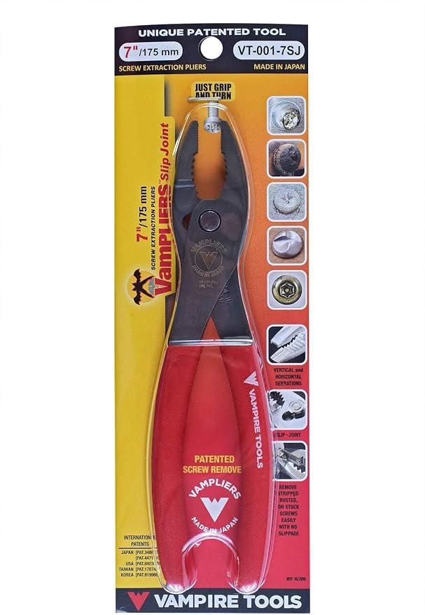 VAMPLIERS 2-PC Screw Extraction Pliers Set. Includes: 7" Slip-Joint + 7" BOSS Stripped Screw Removal Pliers. Unique Non-slip Jaws. Made in Japan.
