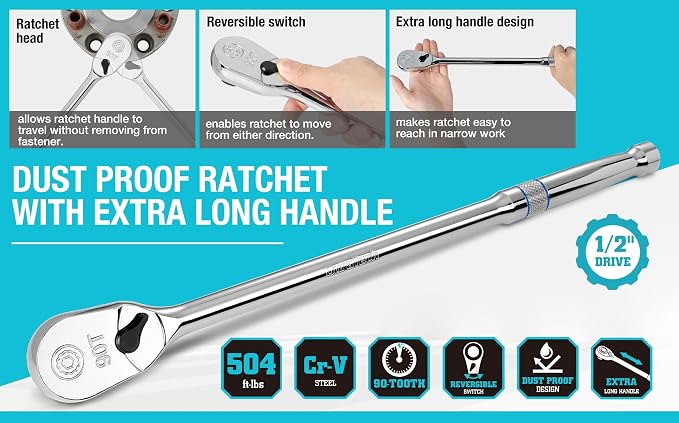 DURATECH Extra Long Handle 1/2-Inch Drive Ratchet, 90-Tooth Ratchet Wrench | Socket Wrench with 15" Handle and Dust Proof Teardrop Enclosed Head, Reversible, CR-V Steel Made, CR-MO Head, Full Polished