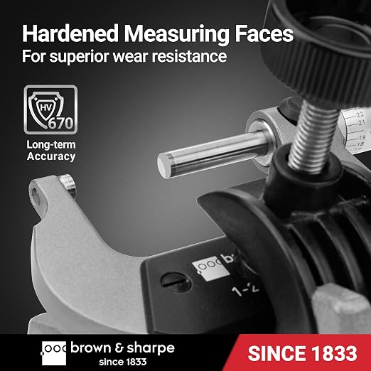 Brown & Sharpe Mechanical Outside Micrometer, 1-2 Inch, 0.0001 Inch Graduation, Tungsten Carbide Measuring Faces, Ratchet-Stop Mechanism, Satin Chrome Finished Scale