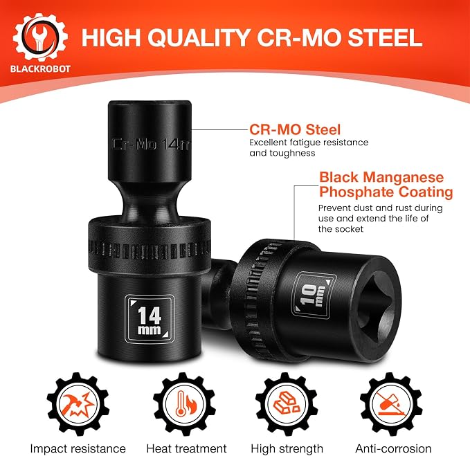BLACKROBOT 1/2" Drive Swivel Socket Set, 10 Pieces Shallow Universal Impact Socket Set, Metric(10-19mm) Flexible Wobble Socket Set, 6 Point, CR-MO