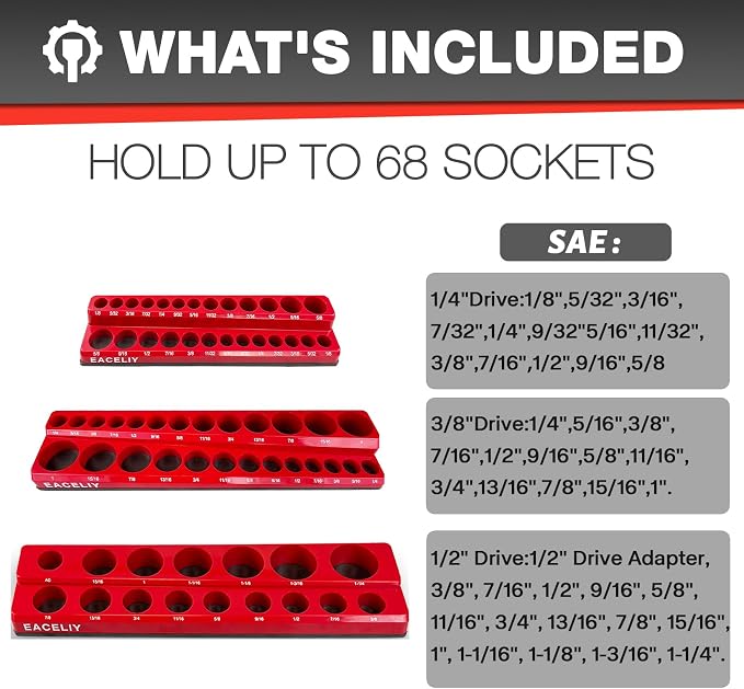 EACELIY Magnetic Socket Organizer Set,SAE Socket Holder Kit, Socket Trays，holds 68 Deep and Shallow 3/8" Sockets(sockets not included) 丨3PC 1/2",1/4" and 3/8"（Red）