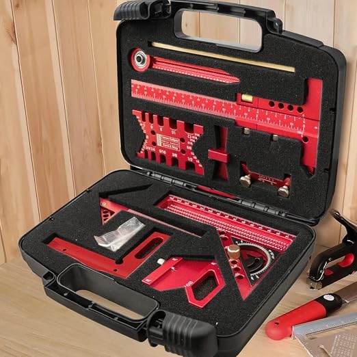 Woodworking Measuring Tools with Box, Aluminum Scribeing Ruler, Multi-Purpose Marking Ruler, Precision Layout Measuring Tool Carpentry Square Kits for Engineer Carpenter (9pcs with Box)