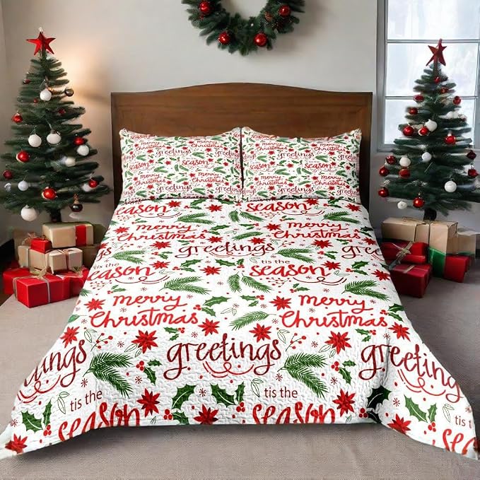 Merry Christmas Boho Red Quilt Set King- Leaves Berry Flowers Printed Holiday Bedding Set - Soft Microfiber Lightweight Comforter Coverlet Bedspread(Leaves, King(90"x104"))