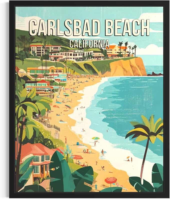 Carlsbad Beach California Wall Art Print Poster, US Vintage Retro Beach Scenery Posters Prints for Restroom Home Picture Painting Artwork Gallery 219 (Carlsbad Beach California, 24 x 36 inches, Unframed)